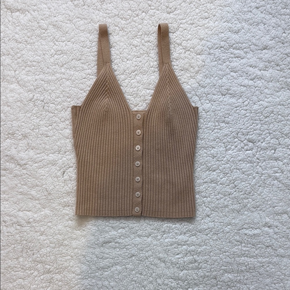 Tan Ribbed Button-Down Women's Top